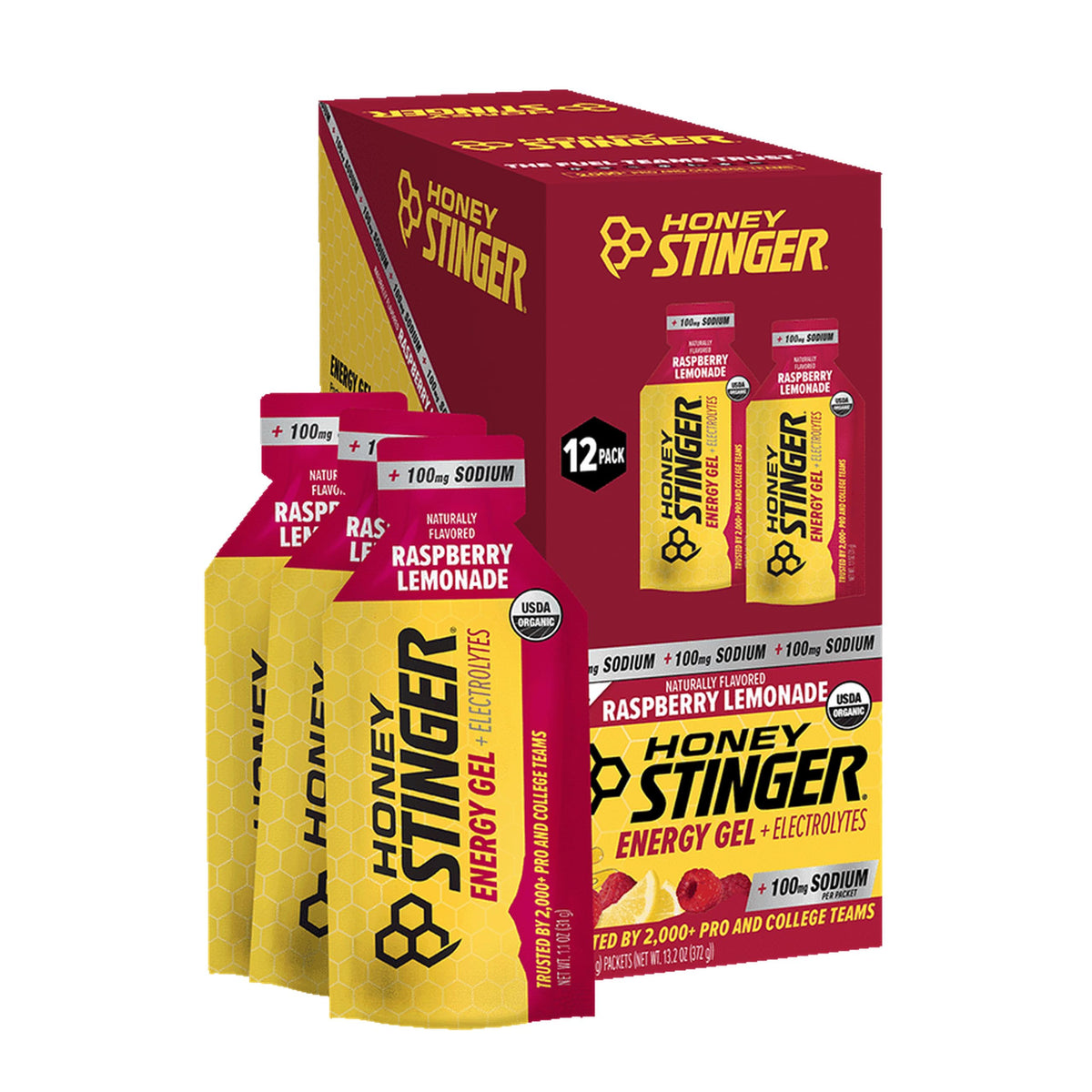 Honey Stinger paquete frontal Frambuesa-Limonada mostrando presentación y beneficio de energía rápida