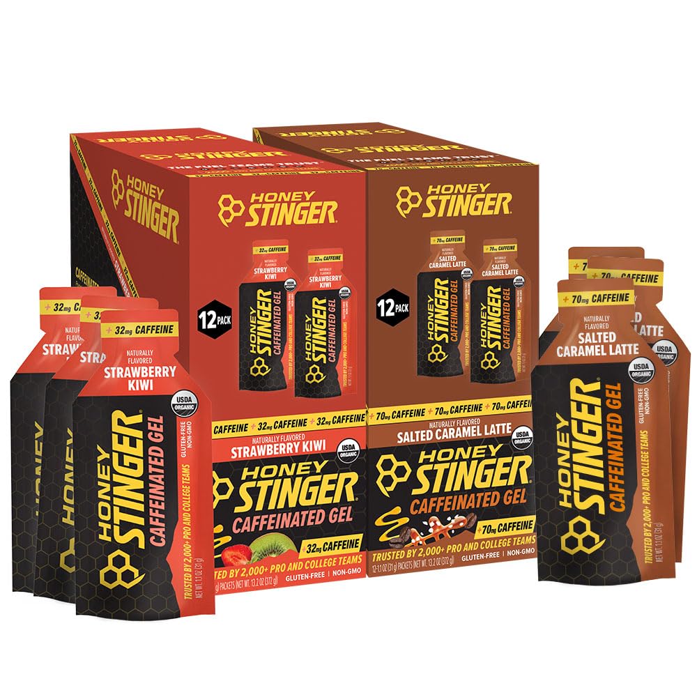 Honey Stinger pack frontal mostrando 24 geles y variedad de sabores para energía rápida