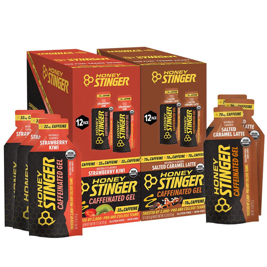 Honey Stinger pack frontal mostrando 24 geles y variedad de sabores para energía rápida