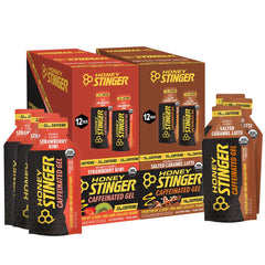 Honey Stinger pack frontal mostrando 24 geles y variedad de sabores para energía rápida