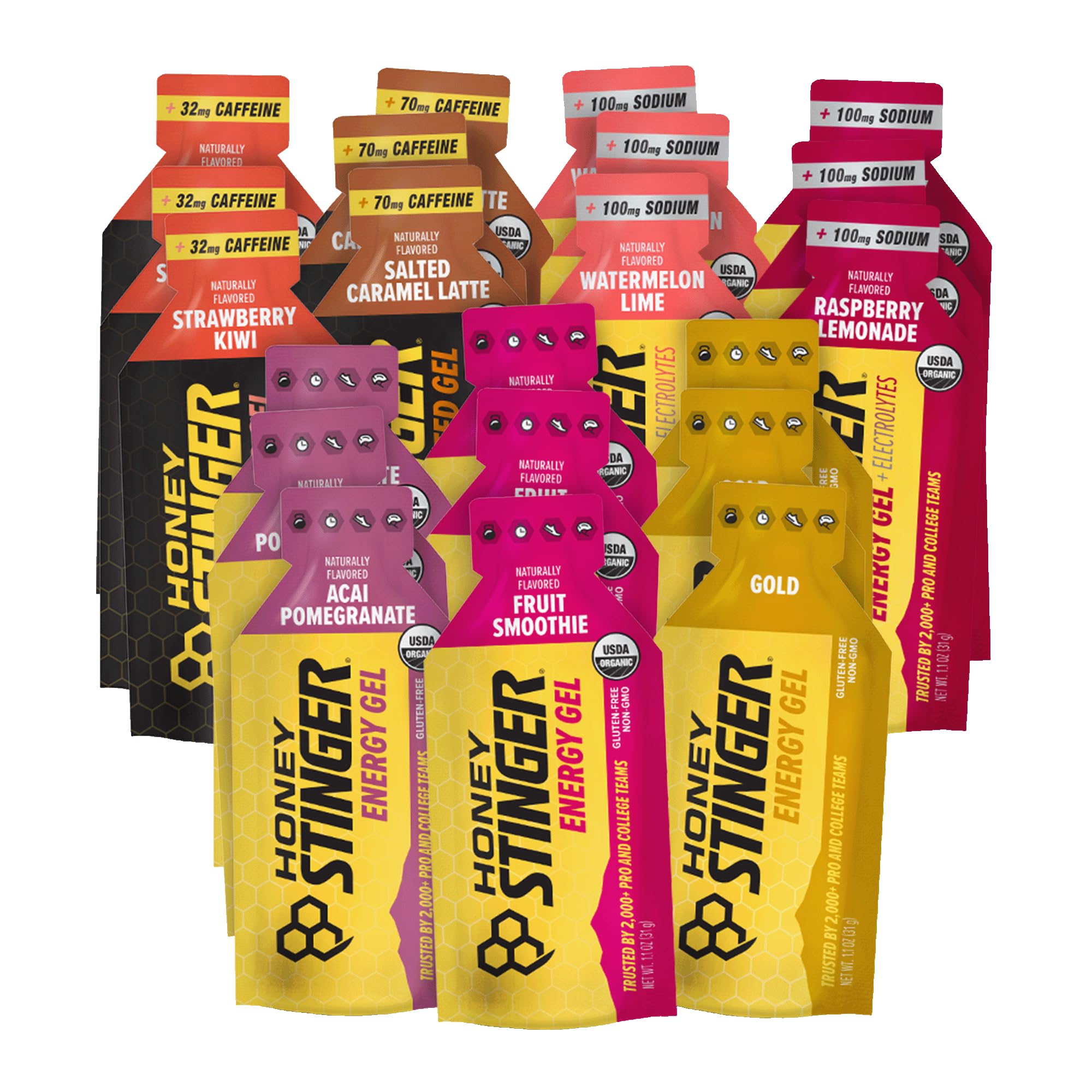 Honey Stinger pack frontal mostrando 21 sobres y variedad de sabores para elegir