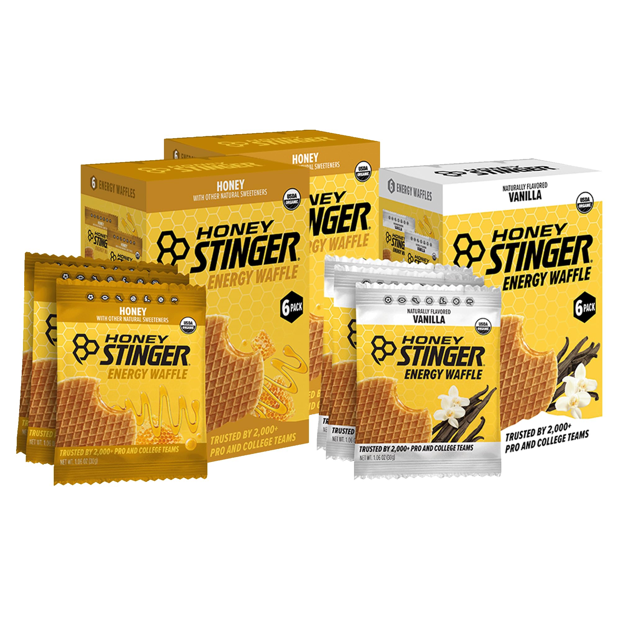 Honey Stinger pack frontal mostrando 18 unidades para energía rápida