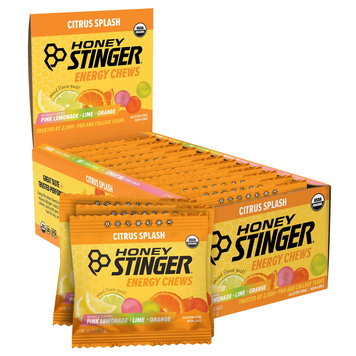 Honey Stinger caja frontal mostrando pack de 12 y beneficio de energía orgánica