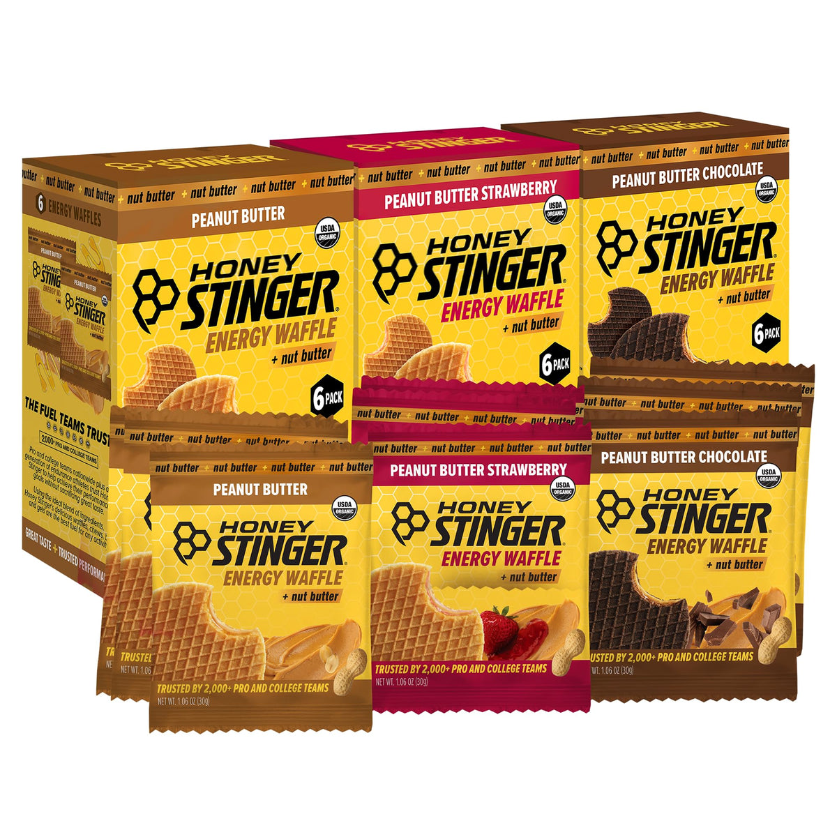 Honey Stinger paquete frontal mostrando 18 waffles y beneficios energéticos