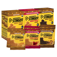 Honey Stinger paquete frontal mostrando 18 waffles y beneficios energéticos