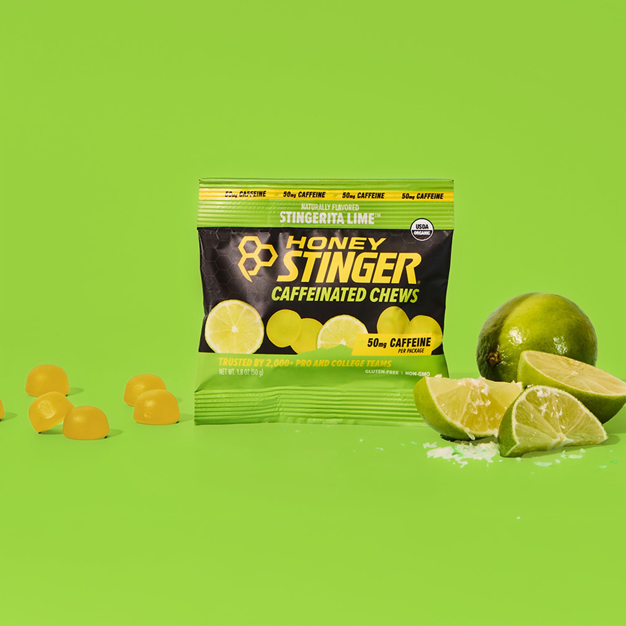 Honey Stinger paquete y escala visual para apreciar tamaño y porciones