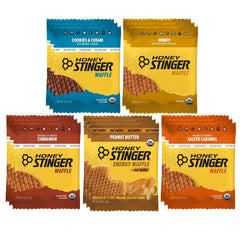 Honey Stinger paquete frontal mostrando 15 waffles para energía rápida