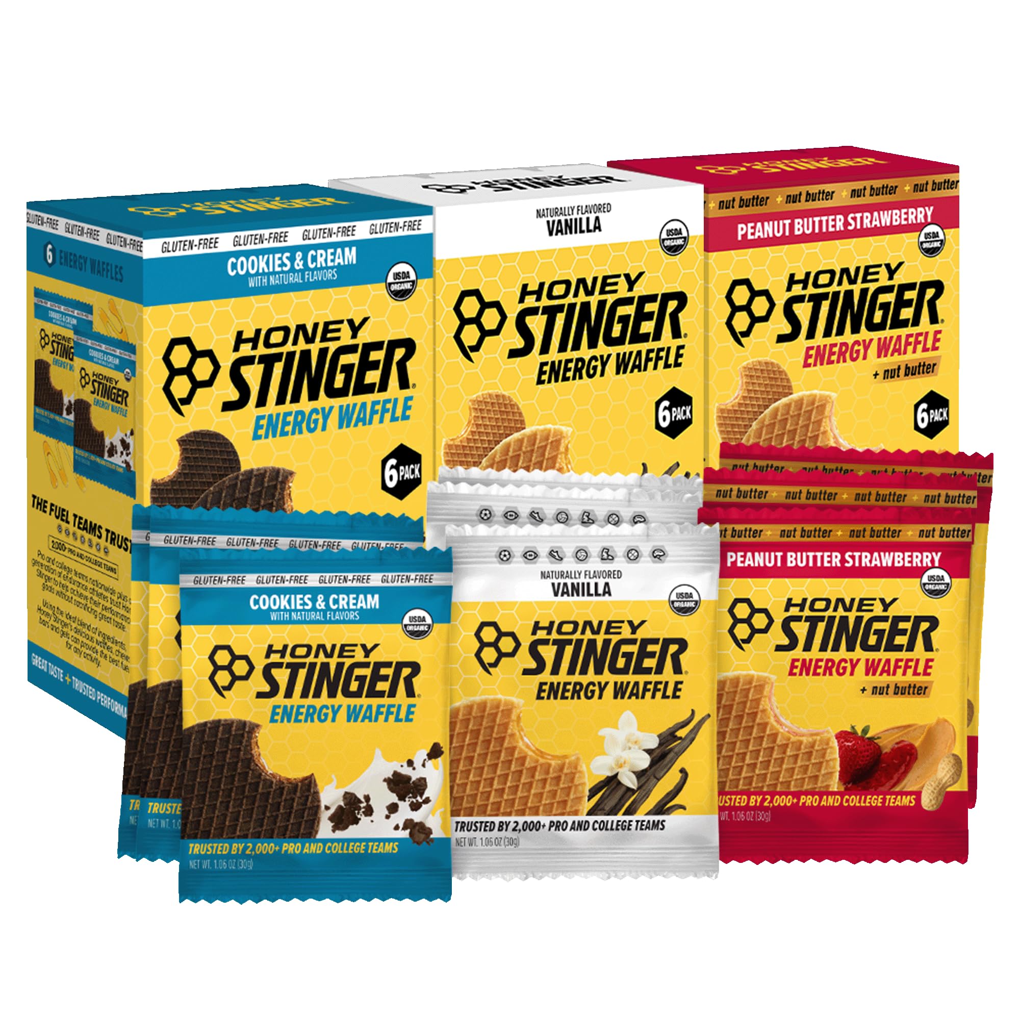 Honey Stinger paquete frontal mostrando variedad y portable para entrenar