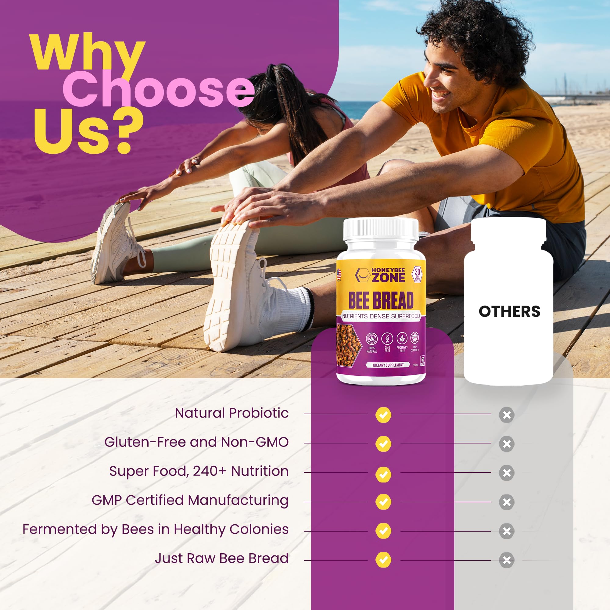 HONEYBEEZONE frasco junto a regla para comparar tamaño y cantidad de cápsulas