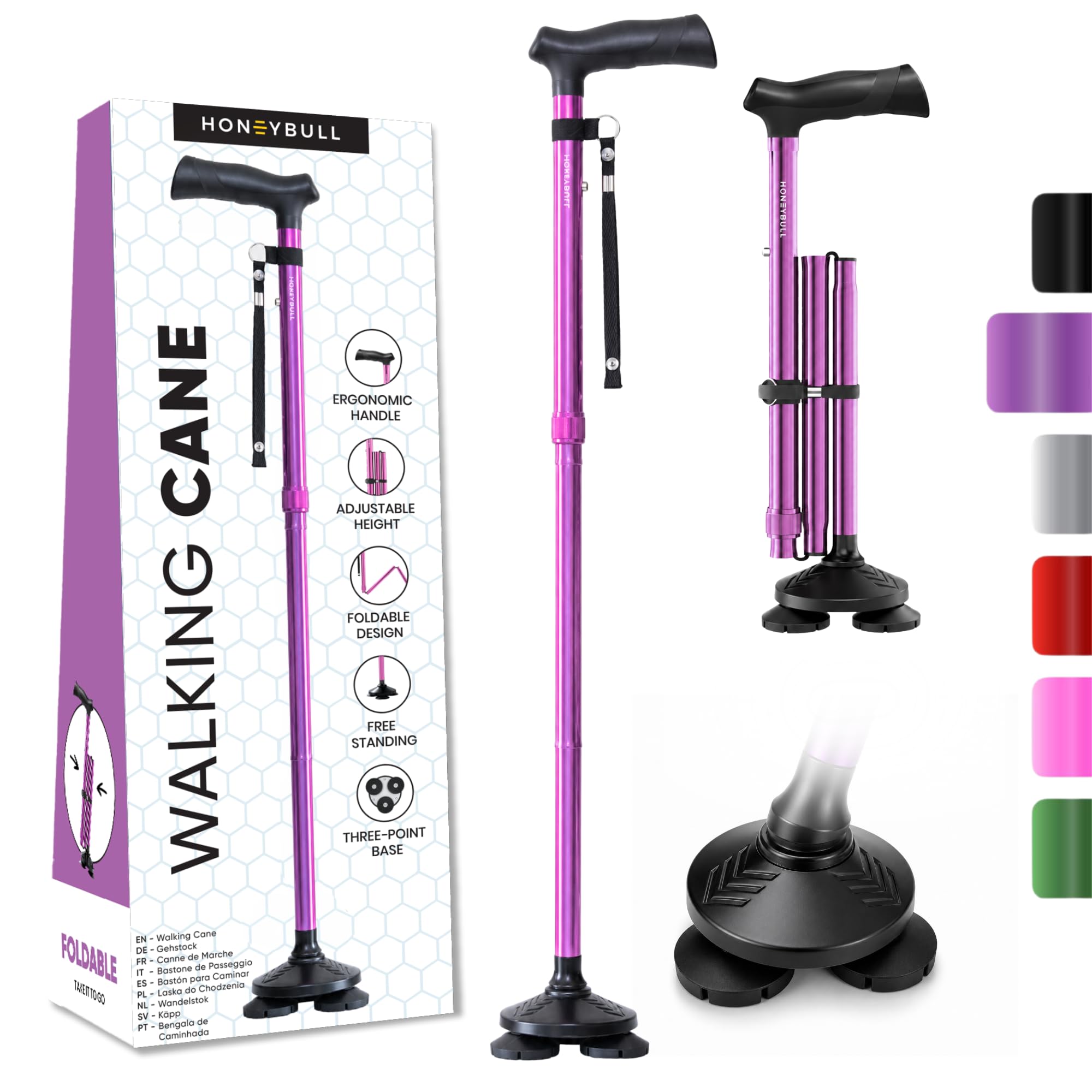 HONEYBULL bastón plegable morado vista frontal con diseño estable