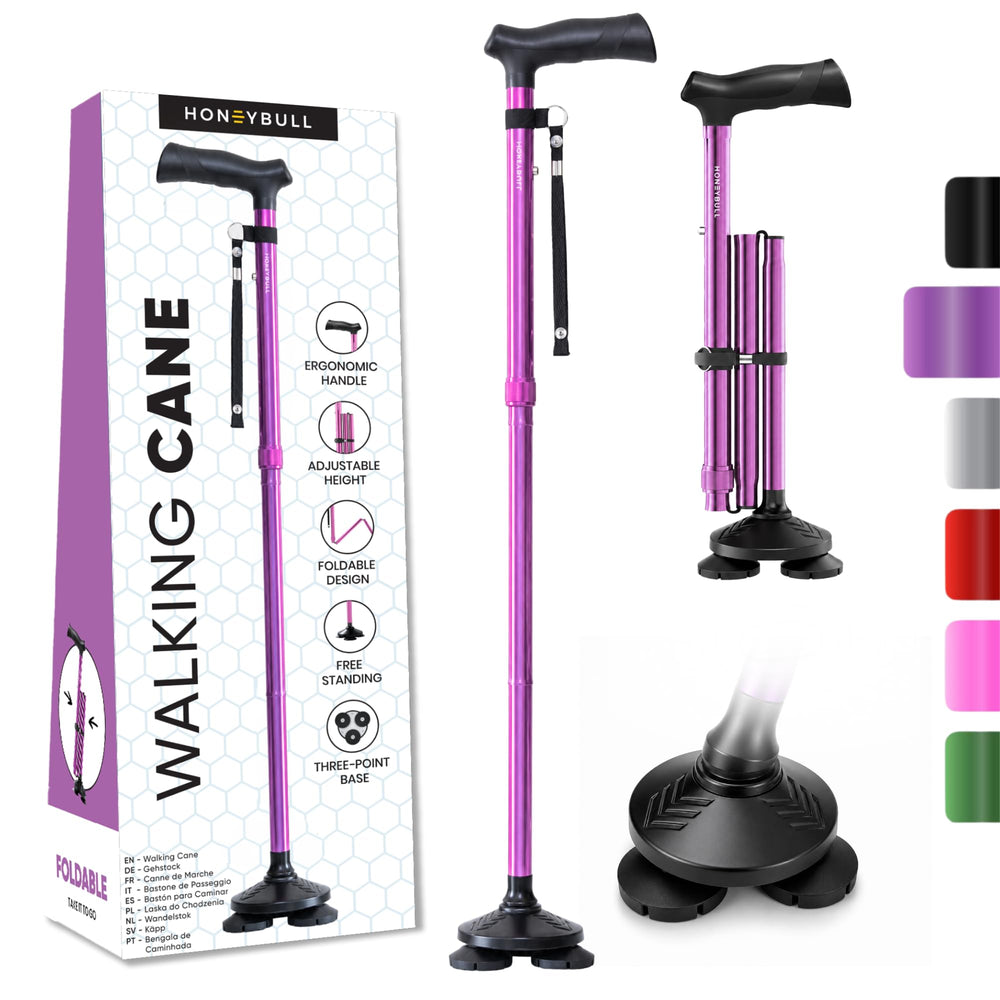 HONEYBULL bastón plegable morado vista frontal con diseño estable
