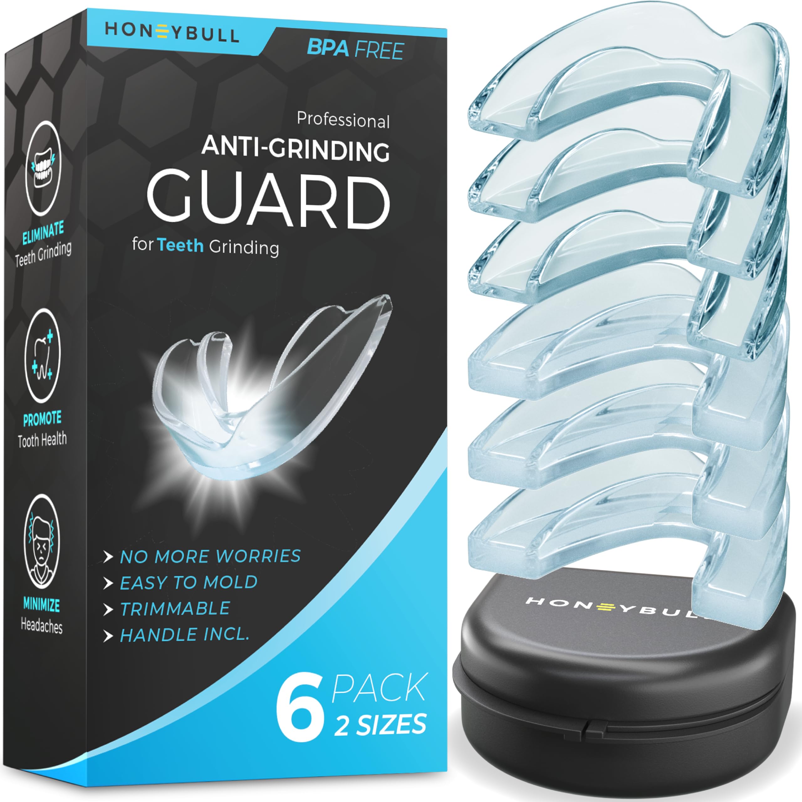 HONEYBULL empaque frontal mostrando pack de 6 y funda, protección práctica