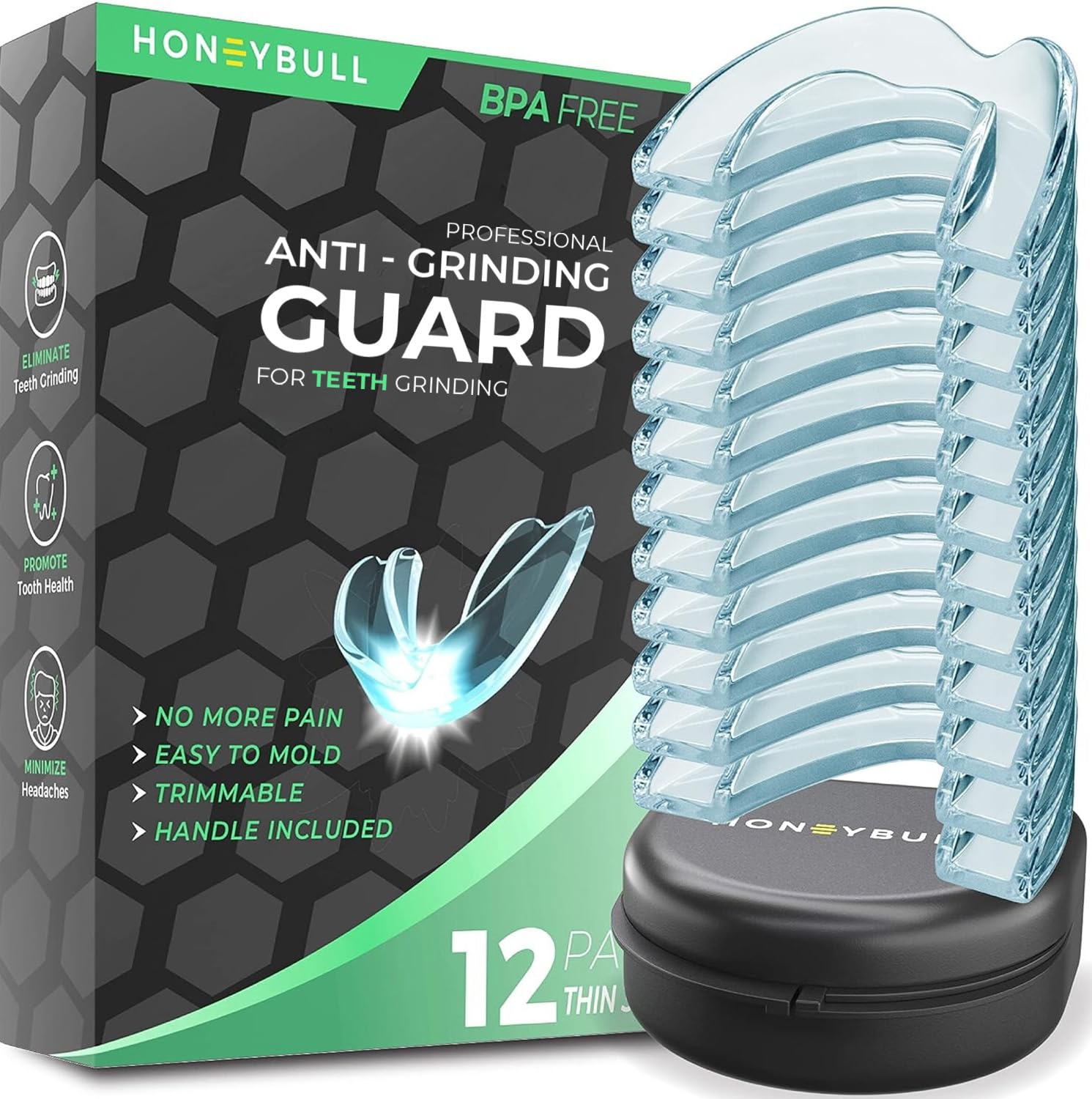 HONEYBULL empaque frontal mostrando seis protectores y estuche, conveniente para viajes