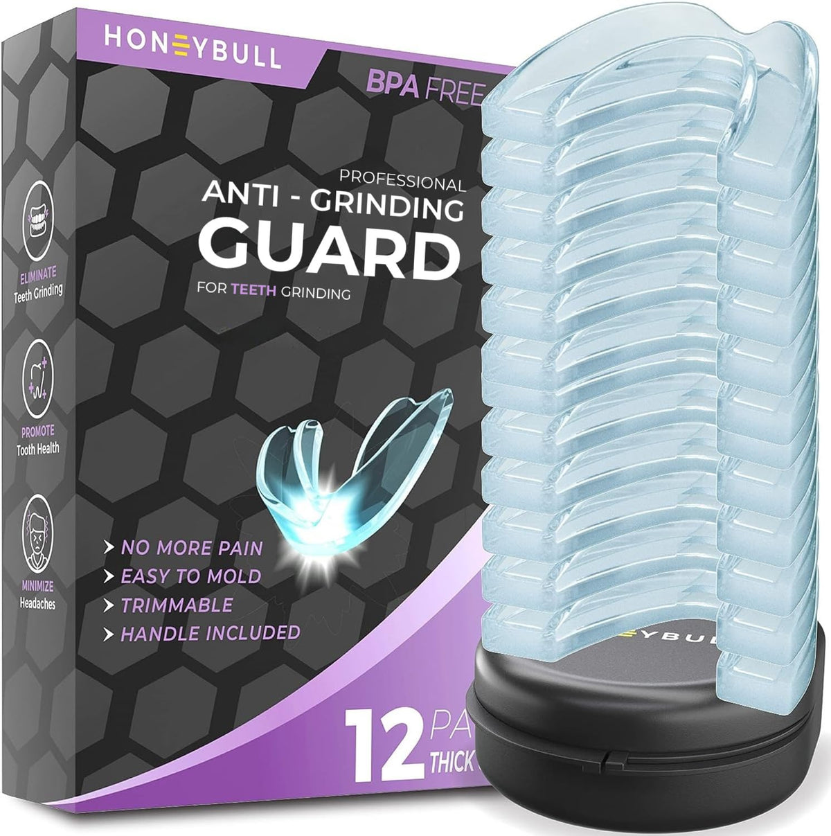 HONEYBULL packaging frontal mostrando 12 protectores y estuche, protección lista