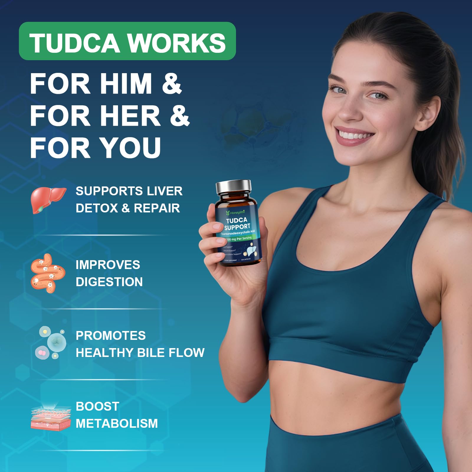 Capsula de Honeylitte TUDCA en primer plano, fácil de tragar y pura
