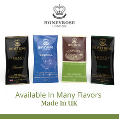 Honeyrose etiqueta con sello Reino Unido que destaca calidad artesanal