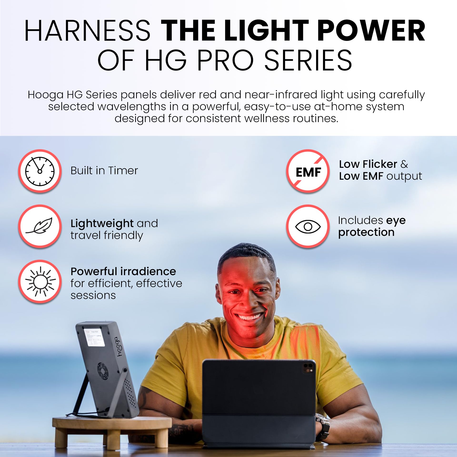 Persona usando Hooga HG200 en el rostro con posición ergonómica y efecto práctico