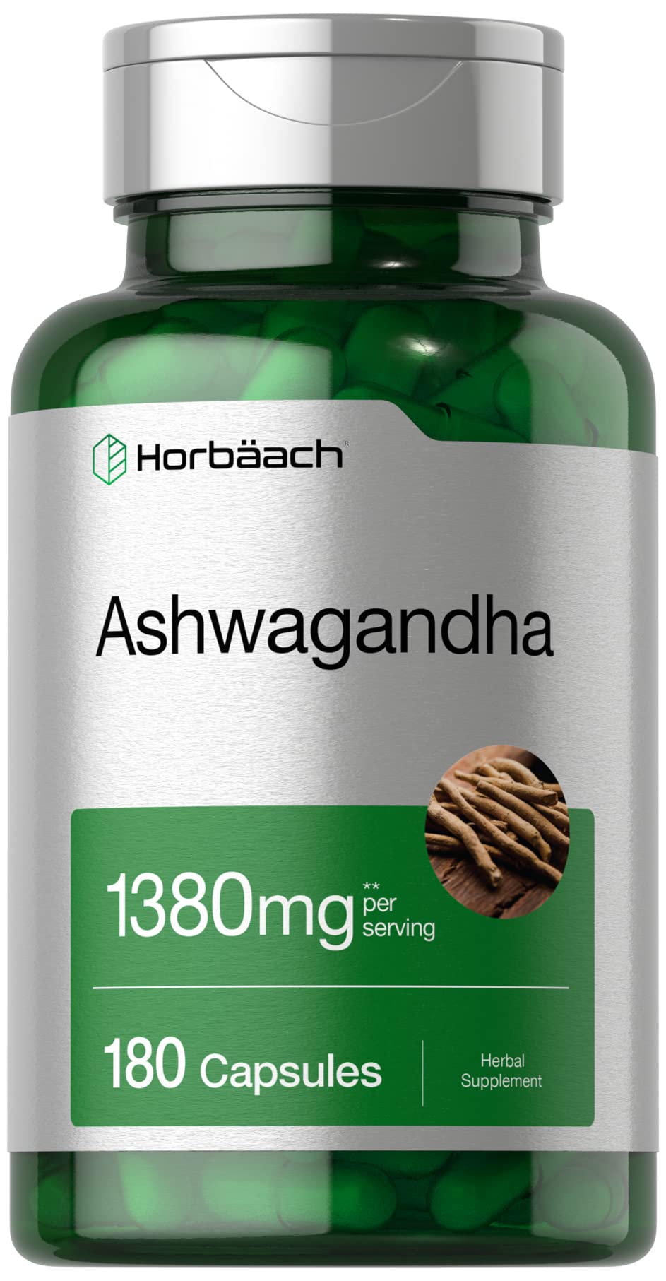 Horbäach envase frontal que muestra suplemento Ashwagandha y ventaja de pureza