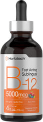 Horbäach frasco frontal de B12 5000 mcg muestra formato y sabor berry