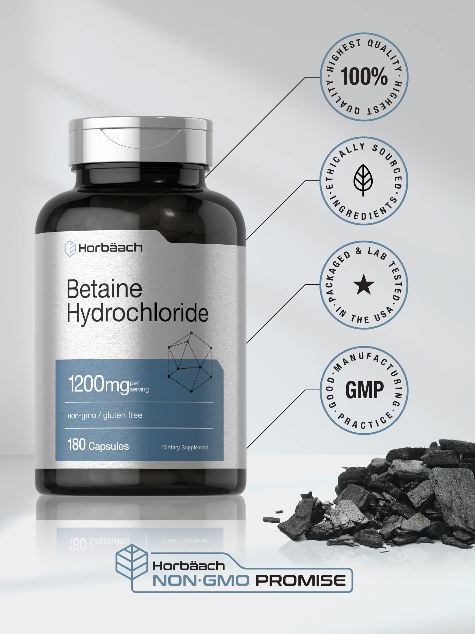 Horbäach detalle de la etiqueta nutricional que evidencia 1.200 mg por dosis