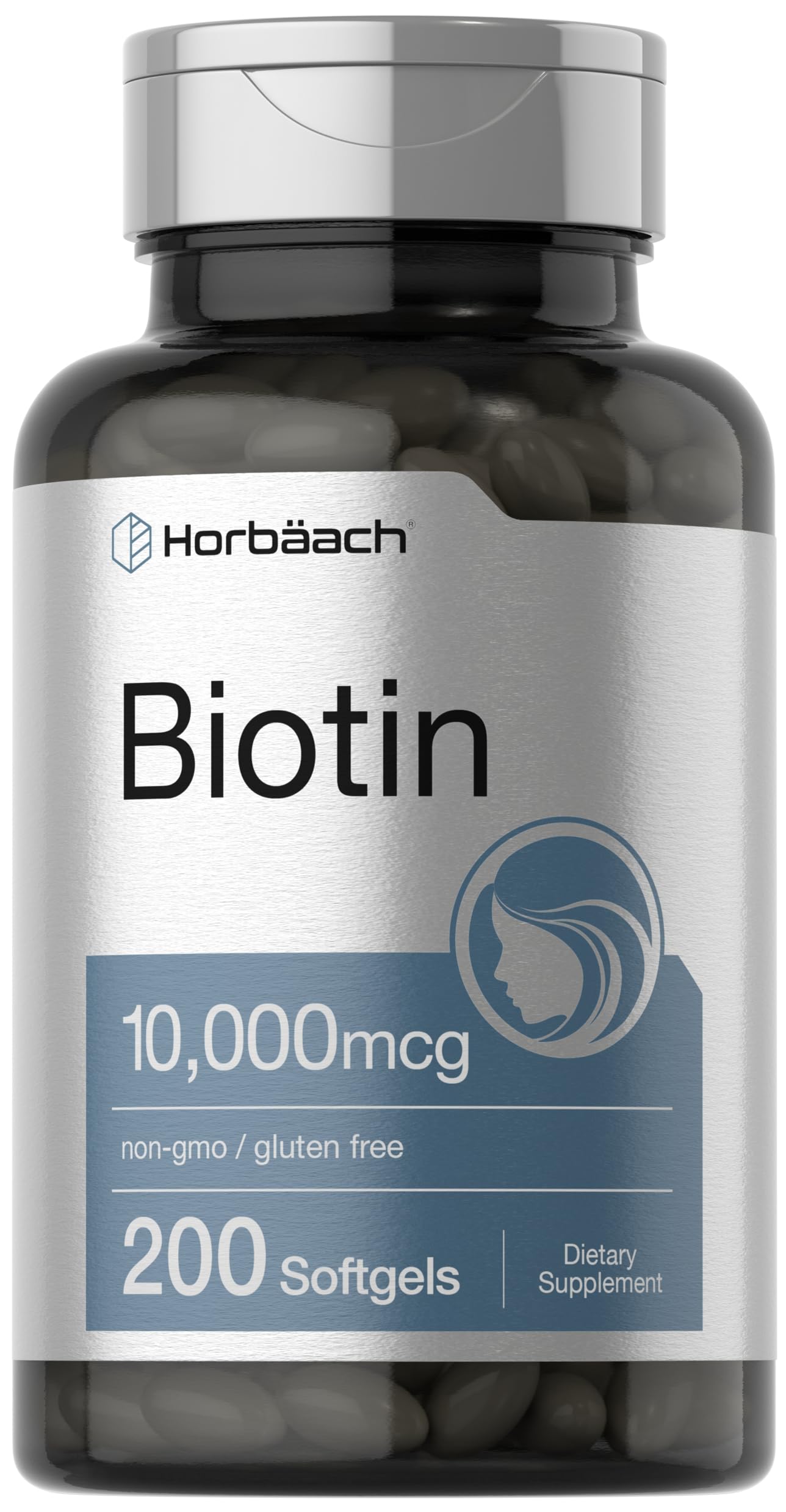 Horbäach botella frontal mostrando biotina 10000 mcg beneficios de concentración