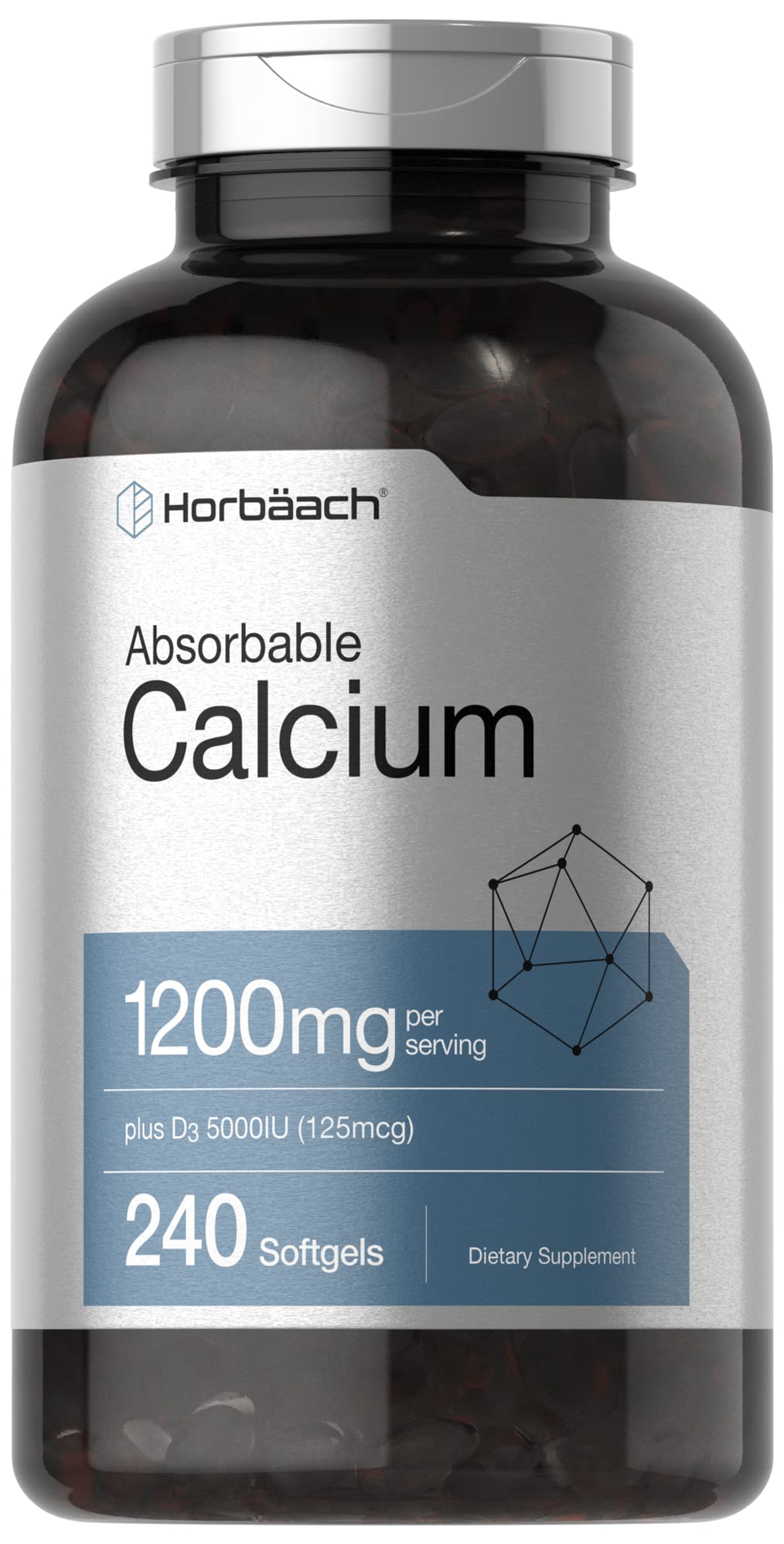 Horbäach botella frontal mostrando 240 softgels y beneficio almacenamiento