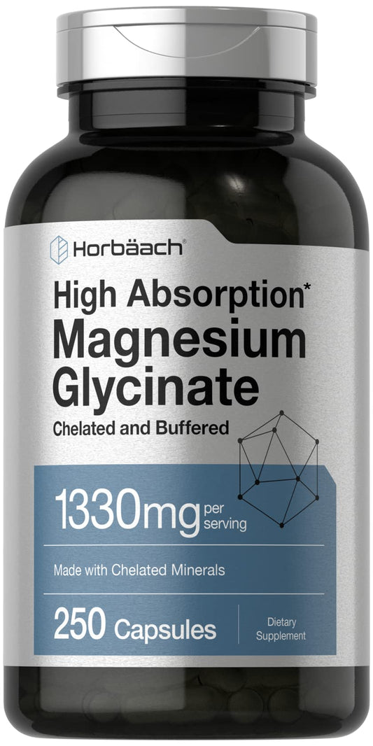 Horbäach Buffered Magnesium Glycinate bottle with easy-to-swallow capsules for daily support