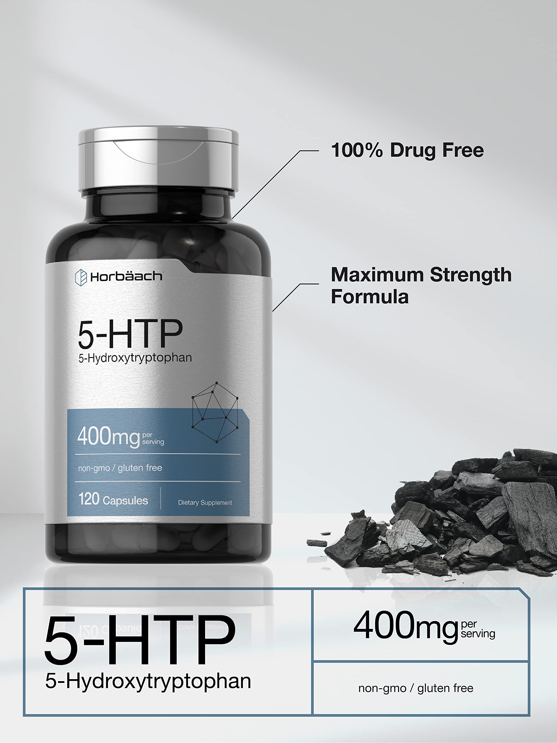 Comparación de tamaño Horbäach 5HTP 120 cápsulas para referencias de dosis