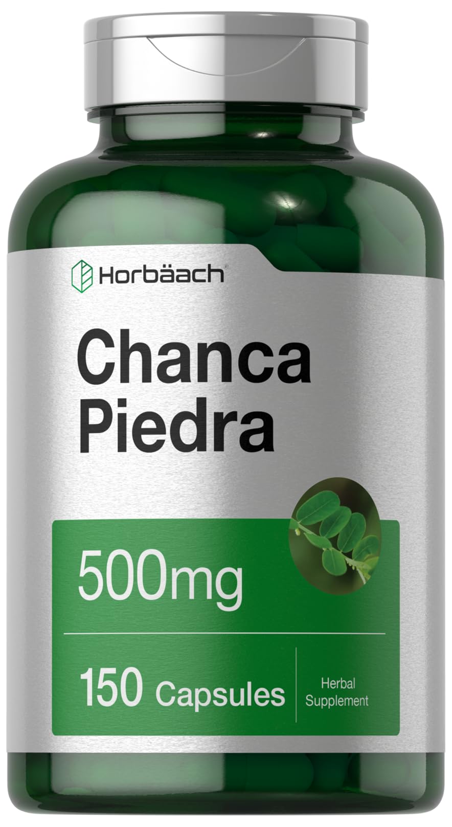 Horbäach frasco frontal de Chanca Piedra 150 cápsulas, presentación confiable
