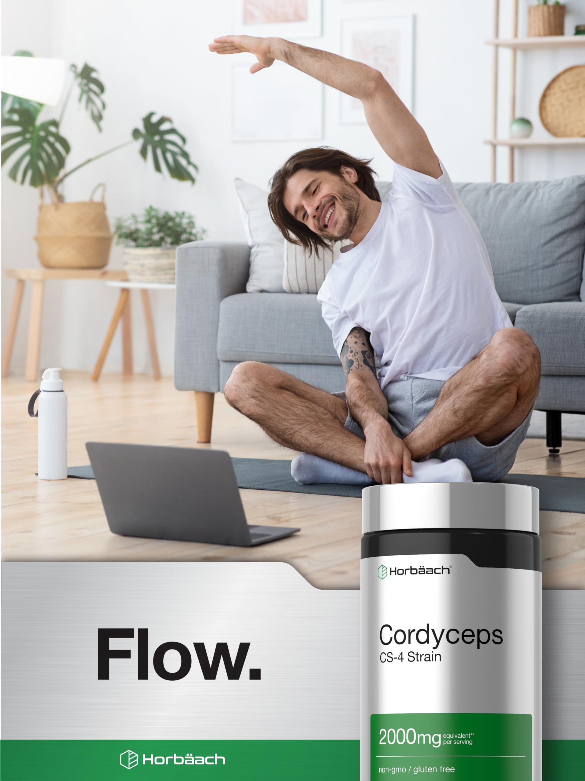 Horbäach cápsulas junto a un vaso de agua para mostrar modo de uso