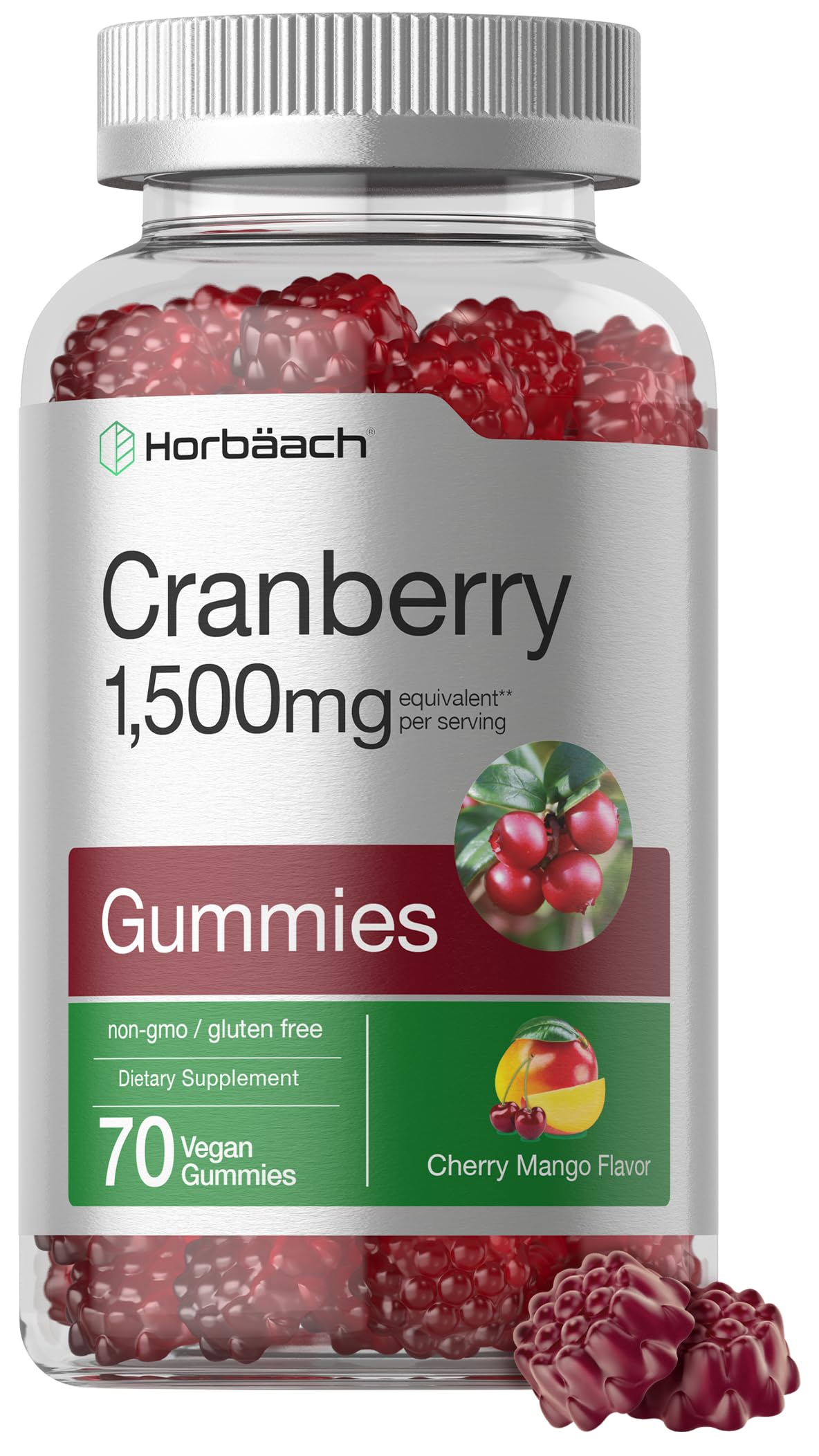 Horbäach frasco frontal con 70 gomitas, presentación clara y conveniente
