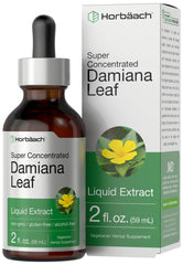 Horbäach frasco frontal del extracto de damiana mostrando etiqueta clara y compacto