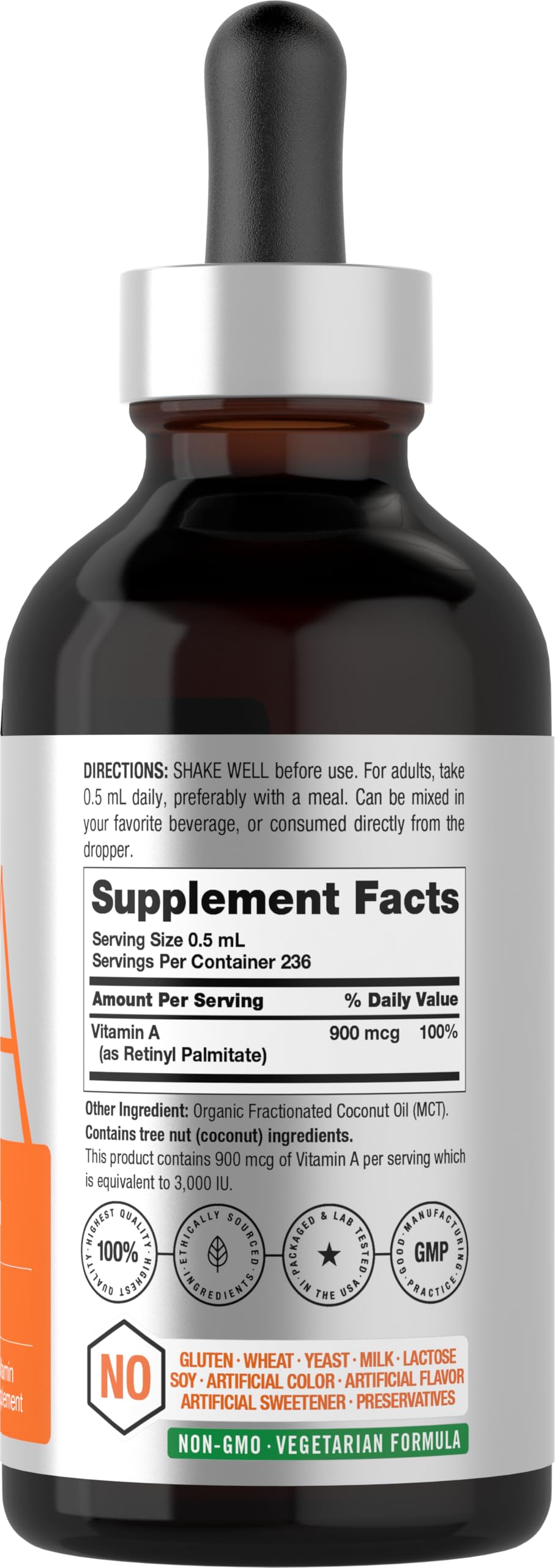 Horbäach detalle de etiqueta indicando vitamina A y MCT orgánico