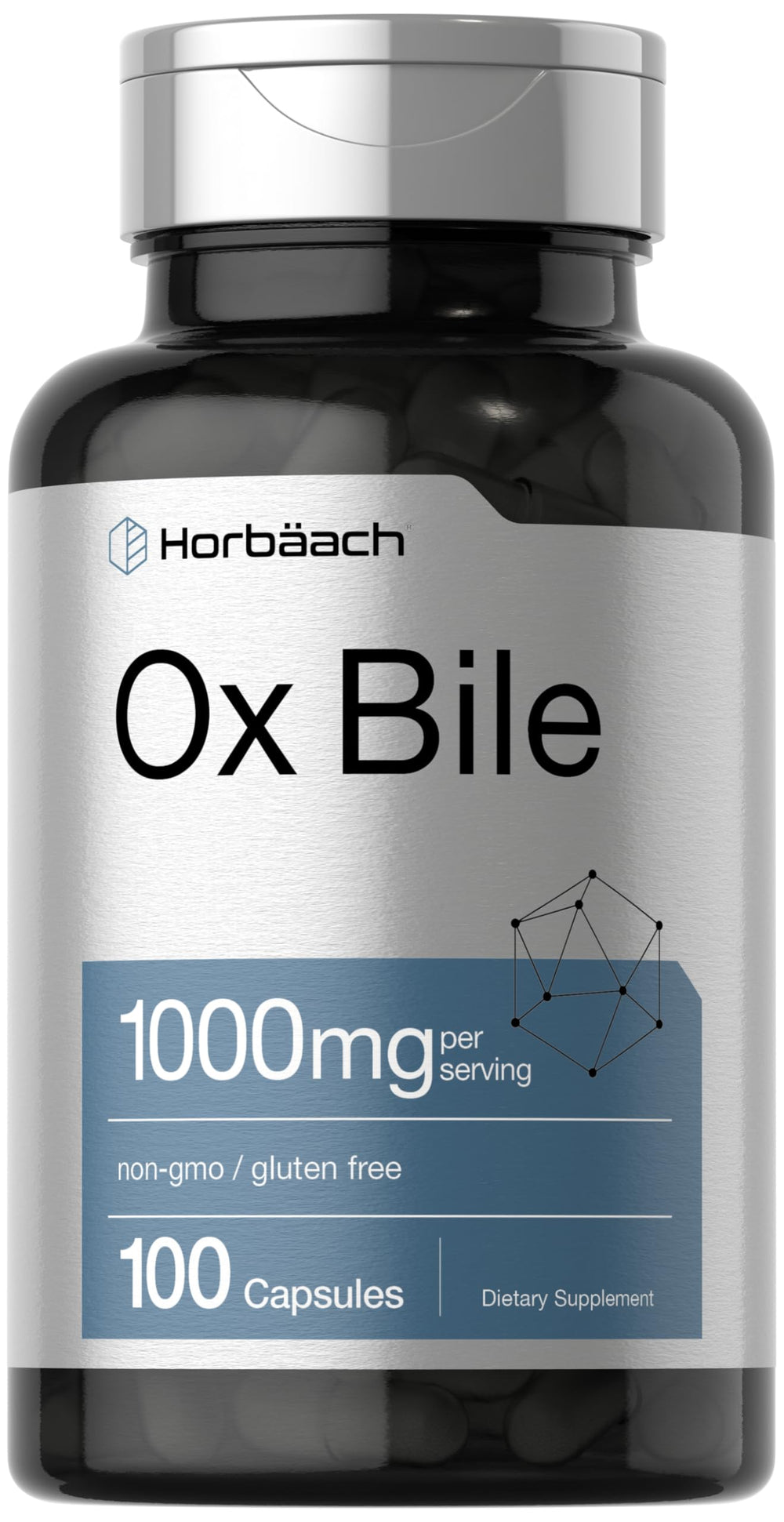 Horbäach envase frontal mostrando 100 cápsulas y 1,000 mg por porción, confianza en la pureza