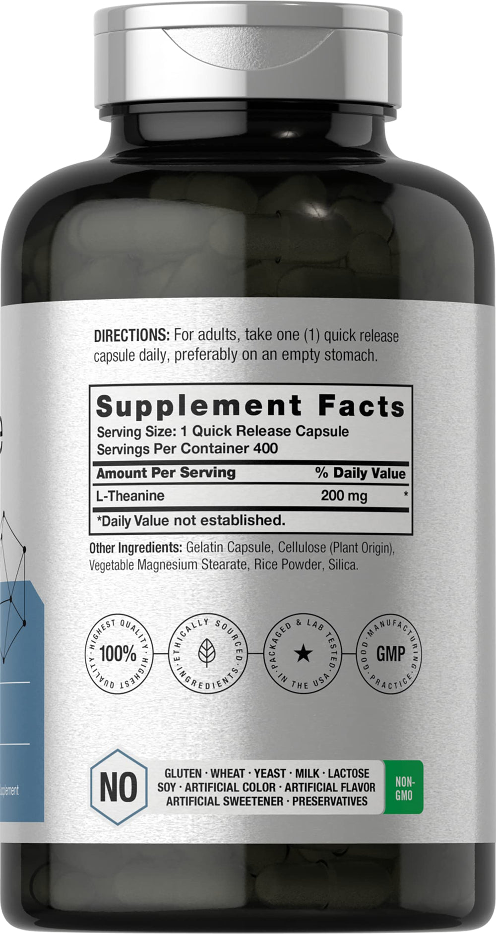 Horbäach etiqueta en primer plano destacando 200 mg por cápsula y ingredientes limpios