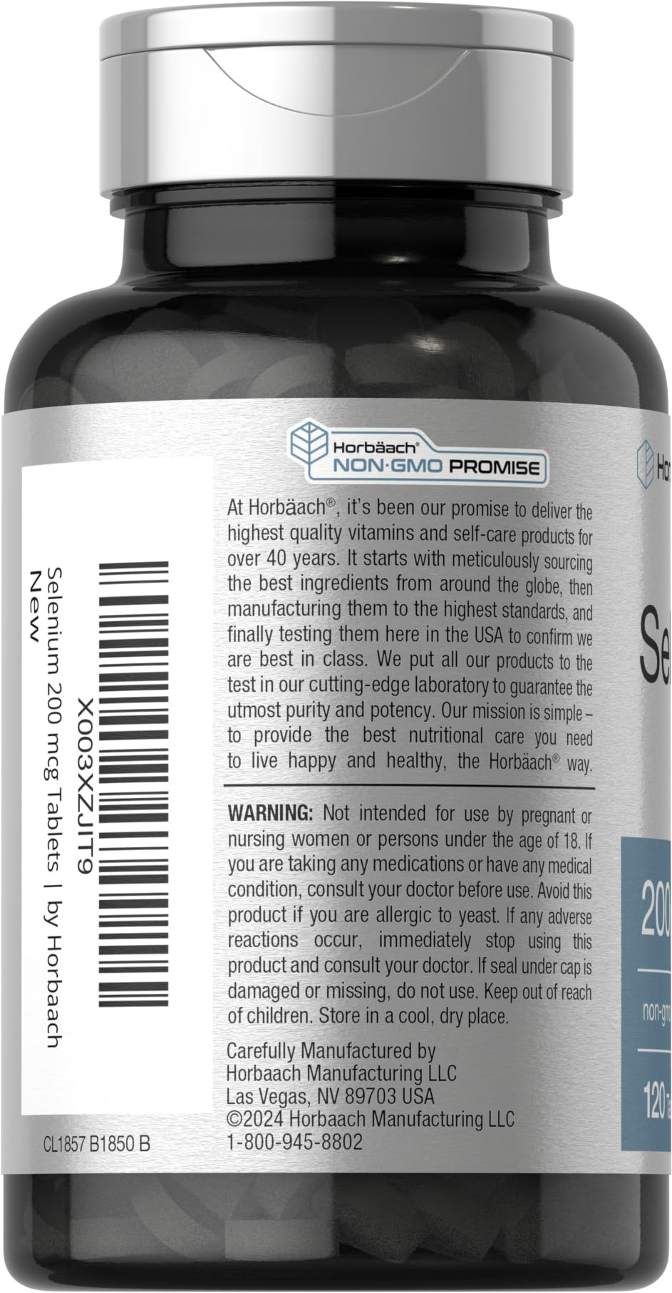 Horbäach etiqueta nutricional legible indicando 200 mcg por comprimido