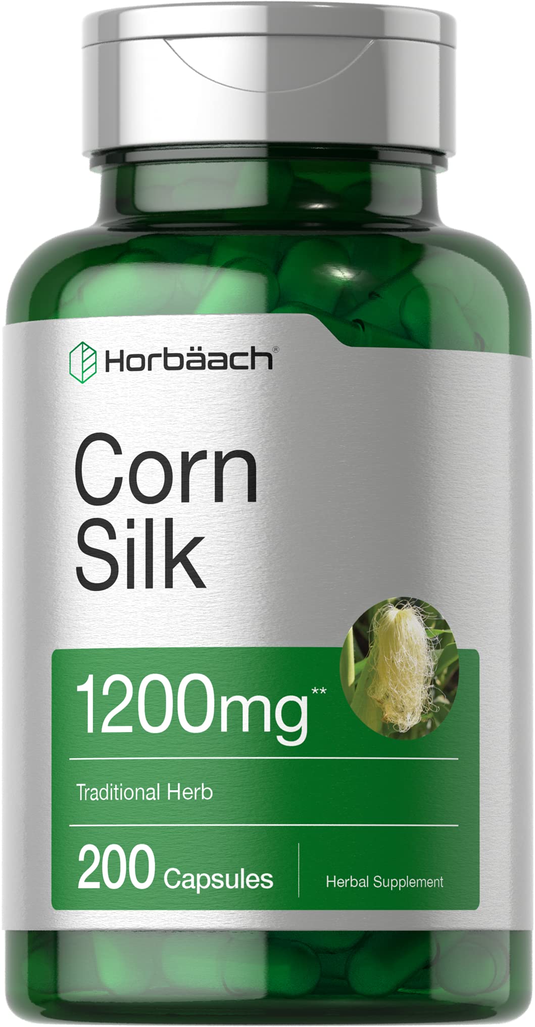 Horbäach frasco frontal de Corn Silk mostrando la marca y cantidad 200