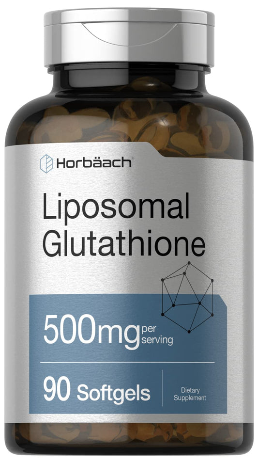 Horbäach frasco frontal de Glutatión Liposomal mostrando 90 cápsulas y fácil dosificación