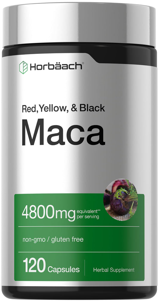 Horbäach frasco frontal de cápsulas de maca, presentación clara y práctica