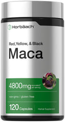 Horbäach frasco frontal de cápsulas de maca, presentación clara y práctica