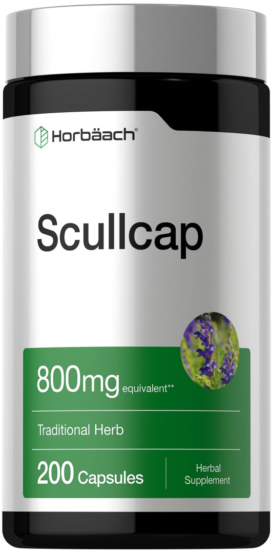 Horbäach frasco frontal de Skullcap Herb Extract mostrando el envase y la marca