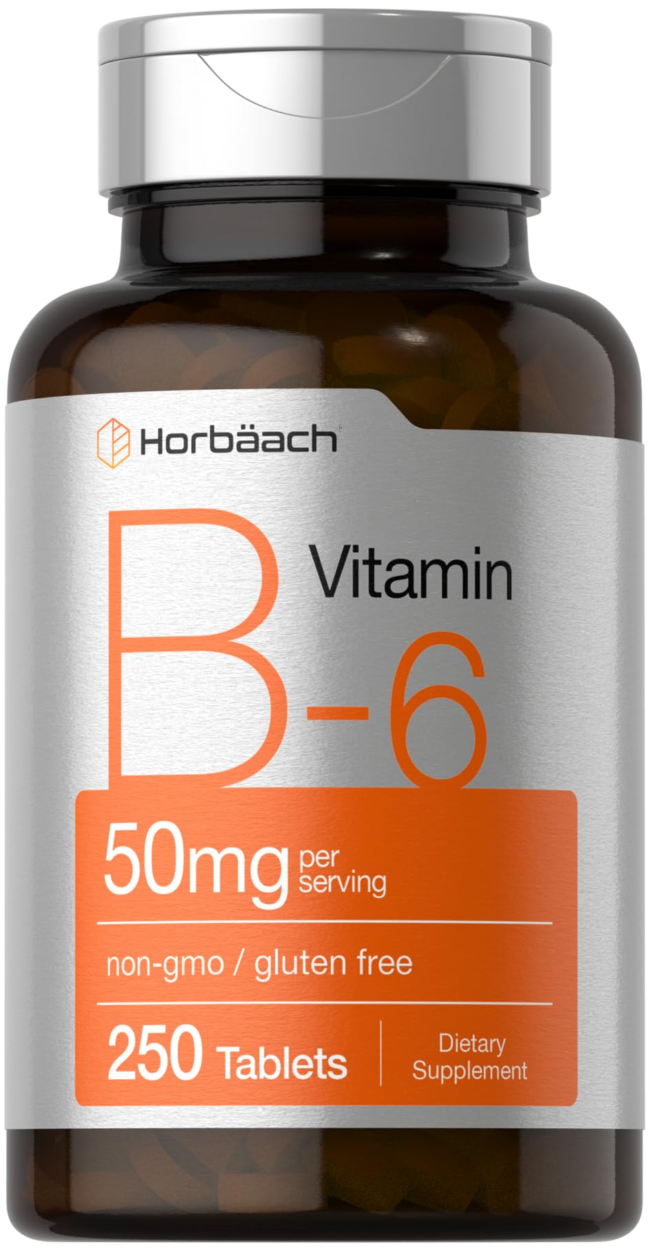 Horbäach frasco frontal de vitamina B6 50 mg mostrando etiqueta clara y durabilidad