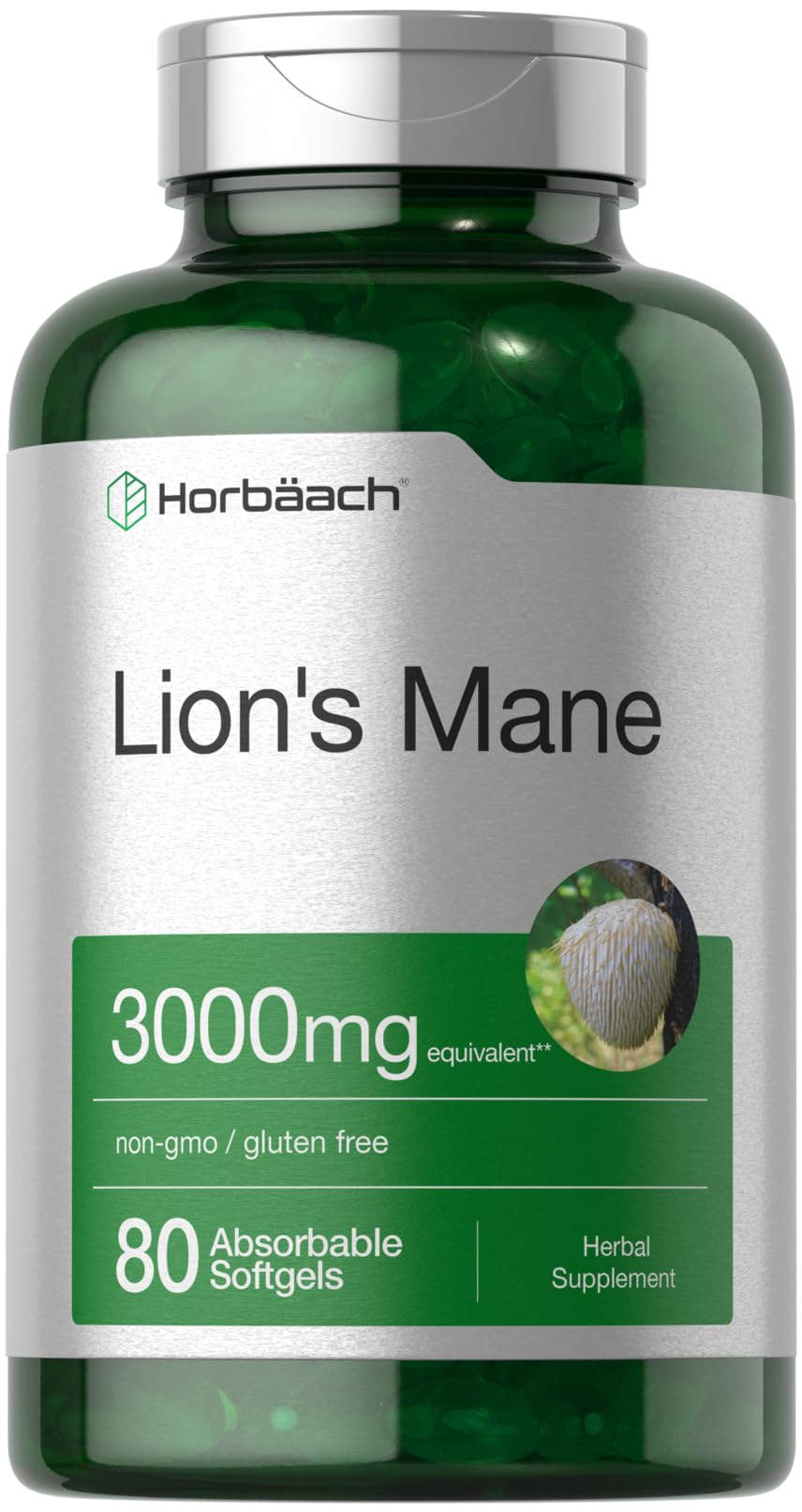 Horbäach frasco frontal mostrando 80 softgels y claridad en lista de ingredientes