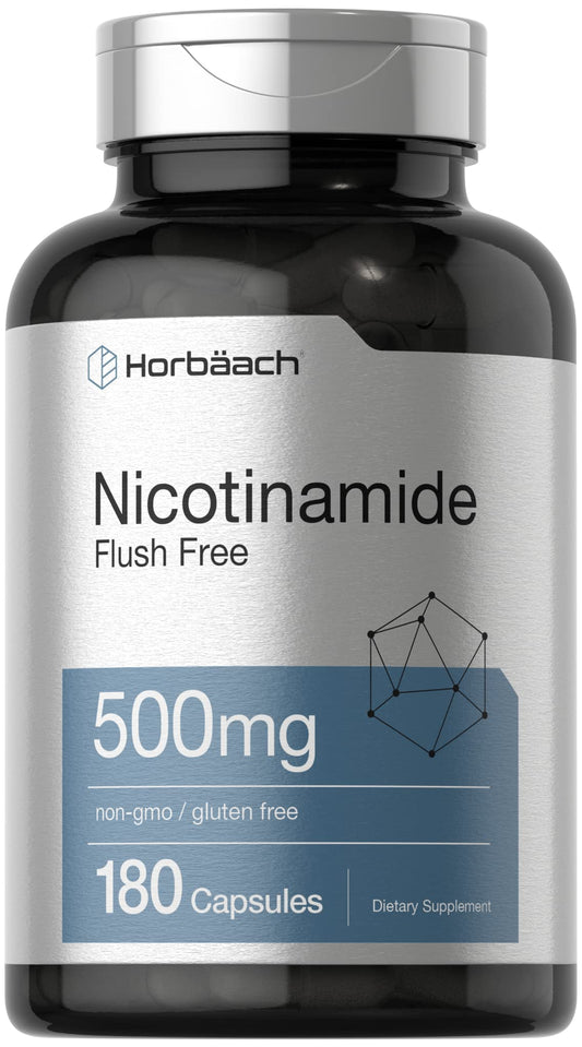 Horbäach frente del envase mostrando nicotinamida 500 mg y 180 cápsulas, facilita identificación
