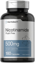 Horbäach frente del envase mostrando nicotinamida 500 mg y 180 cápsulas, facilita identificación