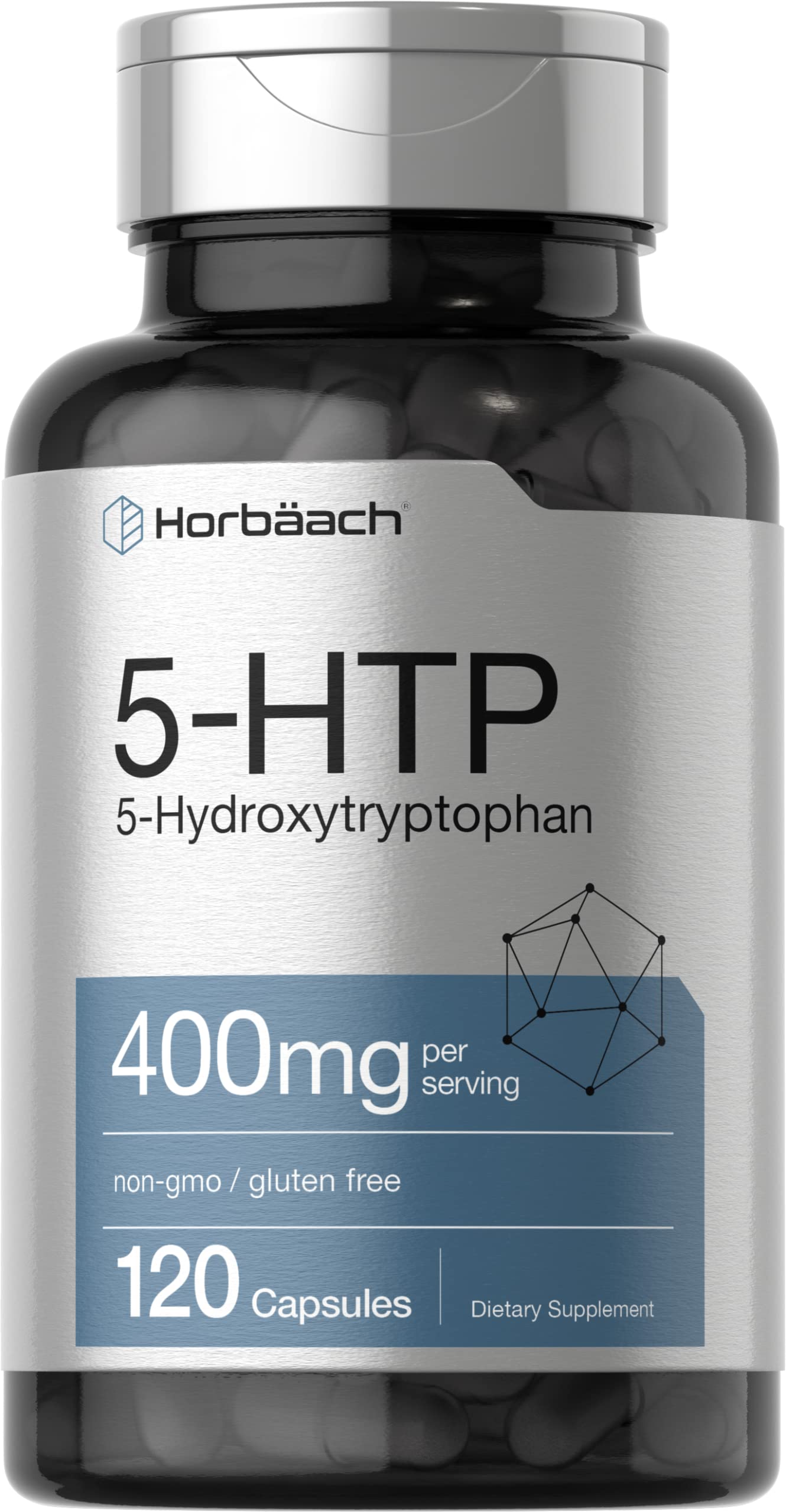 Envase frontal Horbäach 5HTP 400 mg, presentación clara y compacto