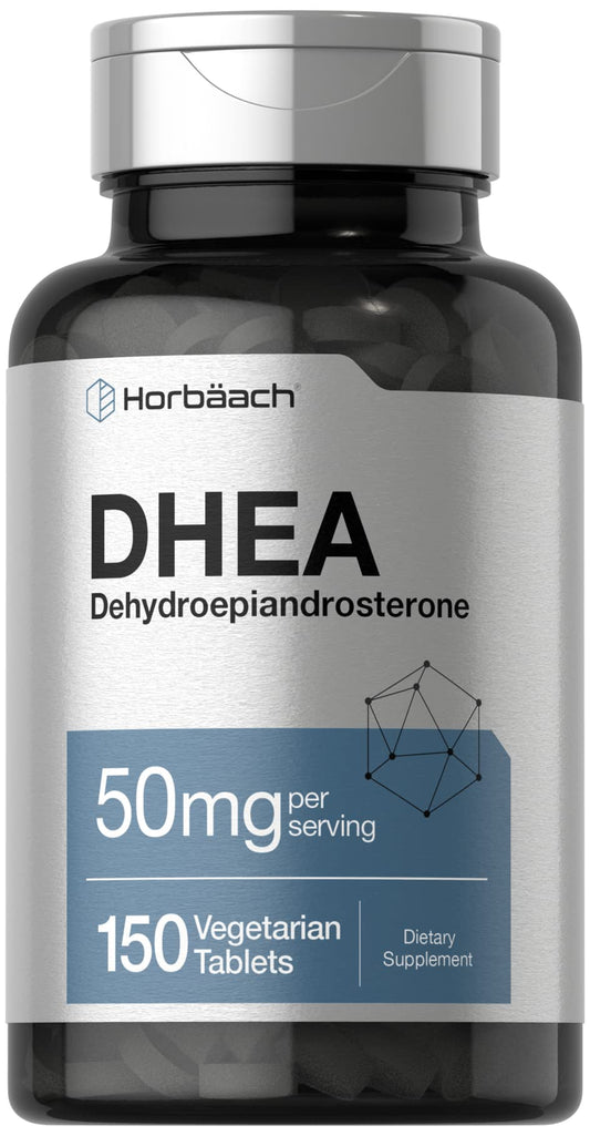 Horbäach frasco frontal del suplemento DHEA mostrando el envase y beneficios