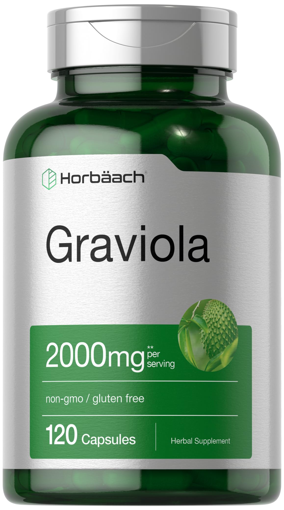 Envase Horbäach Graviola 120 cápsulas mostrando la presentación y beneficio de dosificación práctica