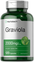 Envase Horbäach Graviola 120 cápsulas mostrando la presentación y beneficio de dosificación práctica
