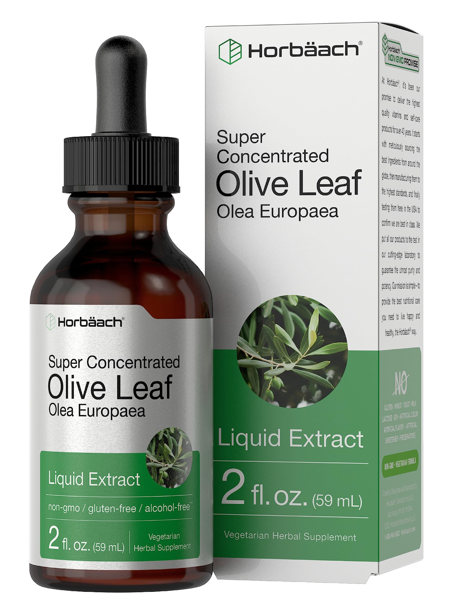 Horbäach envase frontal de extracto de hoja de olivo mostrando la marca y contenido